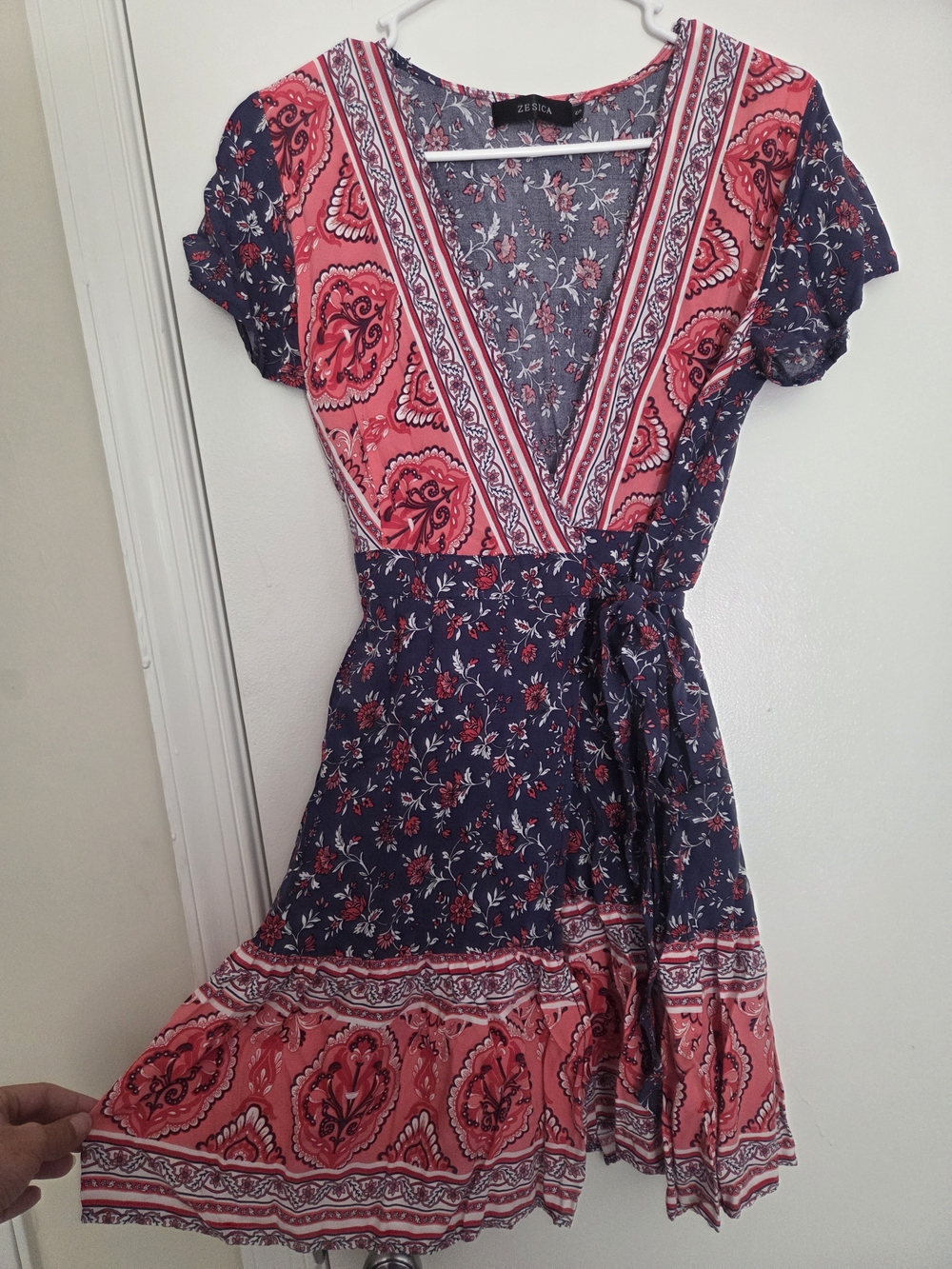 ZESICA Boho Floral Paisley Faux Wrap Mini Dress - Size Small